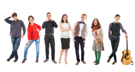 Smiling young diverse people isolated on PNG transparent background posing together for studio photo shoot, cheerful group of friends teenagers students standing casual modern lifestyle portraits