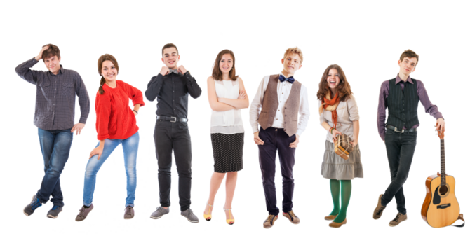 Smiling young diverse people isolated on PNG transparent background posing together for studio photo shoot, cheerful group of friends teenagers students standing casual modern lifestyle portraits - Powered by Adobe