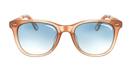 Stylish sunglasses with light brown frames and blue tinted lenses on a transparent background
