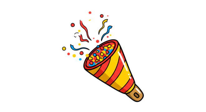 Celebration party popper confetti event festive fun holiday surprise birthday anniversary occasion joy on transparent background