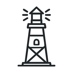 Lighthouse shining light at dusk guiding boats on the coast. Vector line illustration