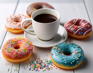 colorful donuts paired with a coffee cup create a delightful breakfast concept these colorful donuts showcase glazed sprinkles making them an appealing sweet bakery treat on a white wooden table