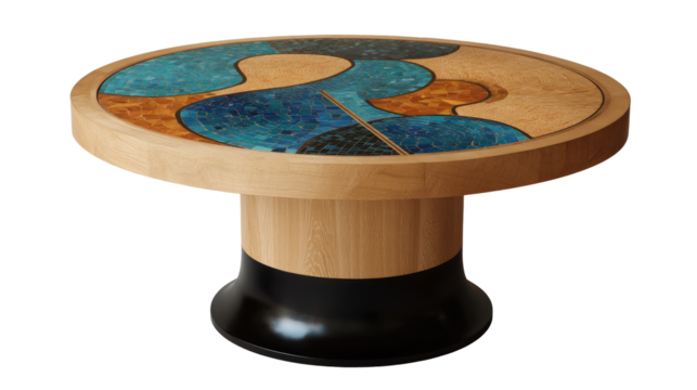 Round coffee table with a unique inlaid design