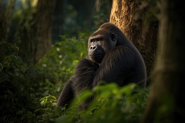 A gorilla reclining in the forest, propping up its chin.