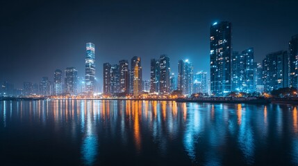 Obraz premium Luxury City Night View Featuring Skyscrapers, Waterfront, and Mirror Reflections