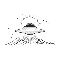 Alien spacecraft above mountain landscape under bright sun. Vector hand drawn illustration