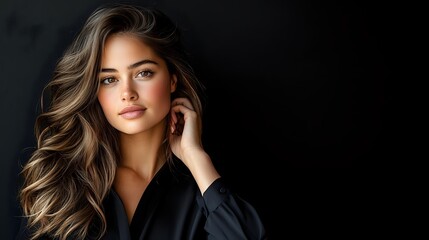 Young Hispanic woman with wavy brown hair and natural makeup wearing black blazer on dark background, looking at camera with confident expression. Professional portrait.