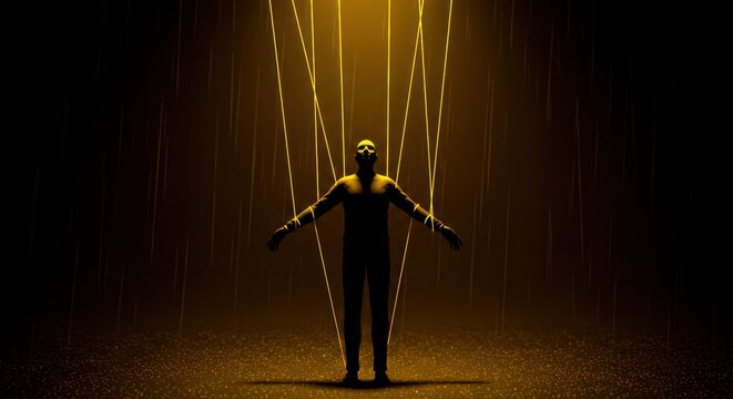 Silhouetted figure manipulated by strings in dark, dramatic lighting.