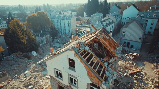 Earthquake ravages house, home and building construction left broken, catastrophe collapse of architecture, cracks signal disaster destruction, top view drone shot 
