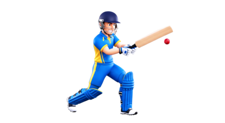 3d cartoon cricket ace powerful swing, epic shot, victory stance, isolated on transparent background