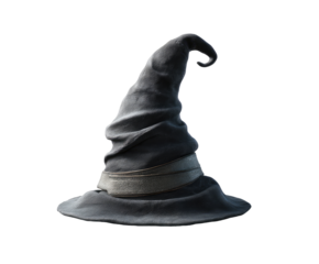Gray conical wizard hat with a wide brim and a slightly curved peak