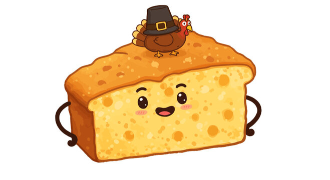 Cute cornbread cartoon with turkey illustration thanksgiving food holiday celebration design element on transparent background