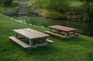Wooden Table in Gray or Brown Standing on a Green Lawn Next to a Garden Pond