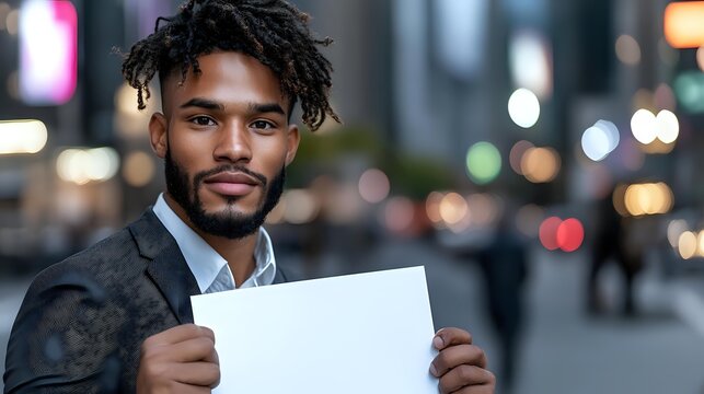 Young African American businessman in suit holding blank white paper on urban street background with bokeh lights and city atmosphere at dusk.