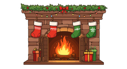 Festive fireplace with stockings and gifts christmas holiday season decoration winter cozy home interior on transparent background