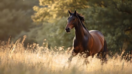 Fototapeta premium Majestic brown horse galloping through golden sunlit meadow at sunset, wild mane flowing in motion against blurred natural background.