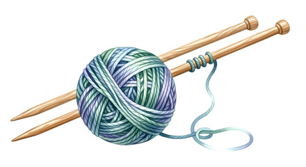 Knitting needles and ball of yarn arranged artistically on a transparent background