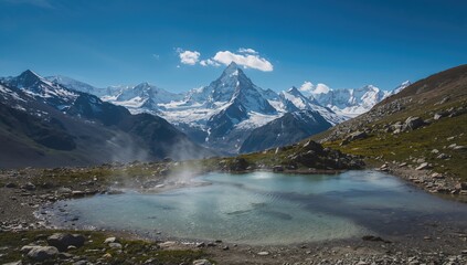 Stunning landscape of snowy peaks and hot springs created with AI technology