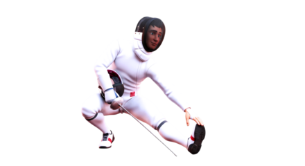 3d cartoon fencer focused athlete prepares for victory, intense pose, powerful stance, ready to duel, dynamic game asset, isolated on transparent background
