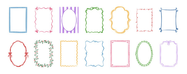 Doodle frames with bows, ribbon and wavy lines. Hand drawn ink vintage frames for greeting cards, wedding, birthday party, invitations, holiday, Christmas, new year and ornament border.