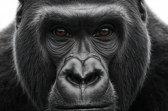 Close-up of a gorilla's face showing detailed eyes, black and white wildlife portrait - Powered by Adobe