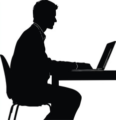 Silhouette of a man working on laptop computer at desk in office setting shows productivity and concentration