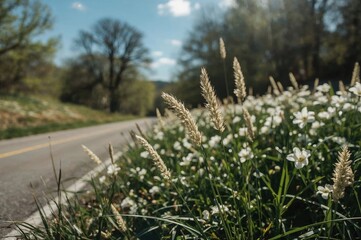 Obraz premium Wild grass and flowers beside the pathway under the summer sun