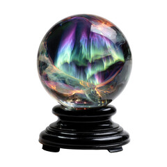 Ornate, iridescent sphere on dark stand, displaying swirling colors reminiscent of a northern lights aurora
