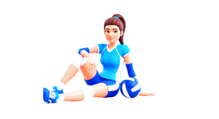 3d cartoon volleyball player postgame relaxation, joyful smile, athletic pose, isolated on transparent background