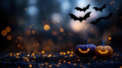 Glowing jack o'lanterns with flying bats against dark mystical background with orange bokeh lights and sparkles creating spooky Halloween atmosphere.