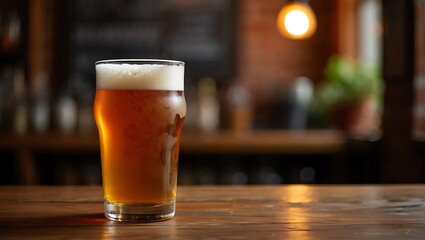 A glass of beer sits on the wooden table in a bar