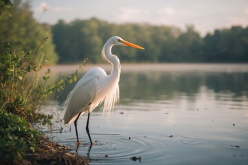 Fototapeta premium Large White Egret by the Water, Wildlife, Bird, Nature, Feathers, Beak, Outdoors