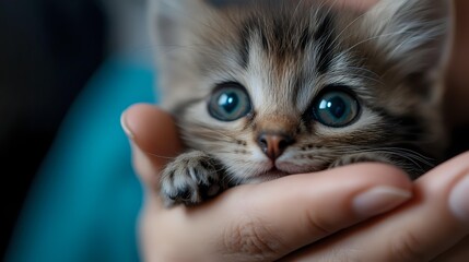Close up portrait of adorable kitten with bright blue eyes being gently held in caring hands, showing innocence and tenderness in soft natural lighting.