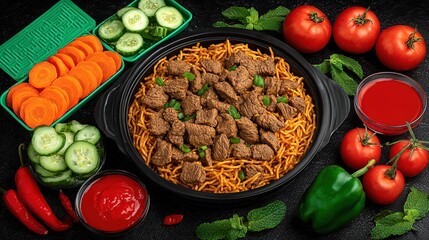Rustic top view of iron-rich chicken liver linguine on dark wood