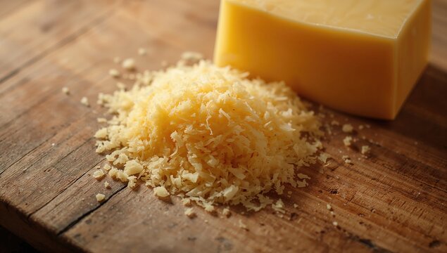 Close-up of a grated parmesan cheese block on a wooden cutting board