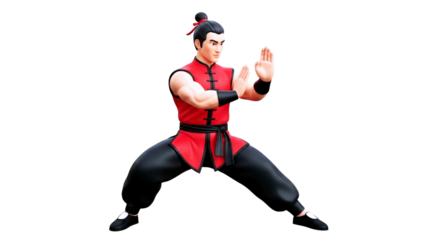 3d cartoon kung fu master focused energy, powerful pose, martial arts skill, isolated on transparent background