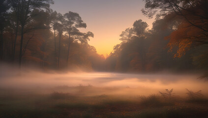 Fototapeta premium Sunrise Over Misty Meadow in Quiet Forest