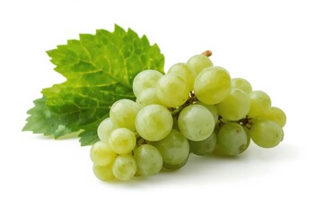 Fototapeta premium Isolated green grapes and leaves on a white background with clipping path and full focus.