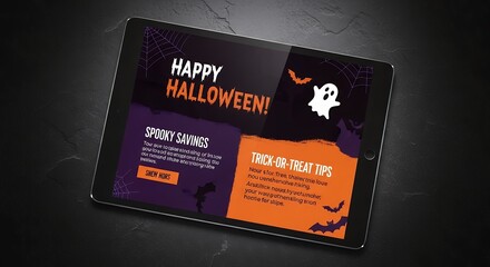Obraz premium Tablet displaying a Halloween themed marketing message with spooky savings and trick-or-treat tips on a dark background, concept for seasonal promotion, online advertising and digital marketing