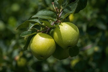 Branch laden with green apples ready for harvest. Seasonal fruit picking underway. Maturing white apple variety in winter.