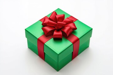Fototapeta premium Red ribbon bow on a green present box against a white background