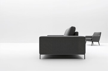 Side perspective of a gray couch on a plain white backdrop