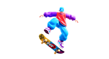 3d cartoon skateboarder radical air, urban style, eightys vibe, isolated on transparent background