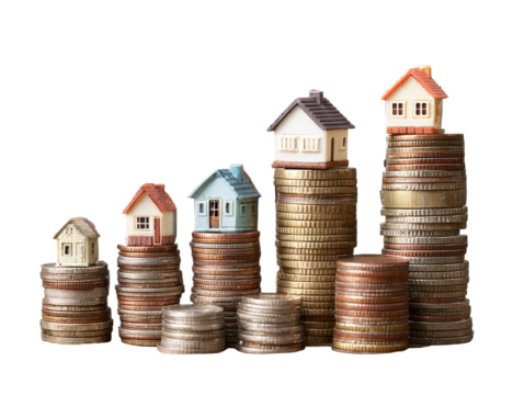 Miniature houses atop stacks of coins, illustrating escalating real estate costs