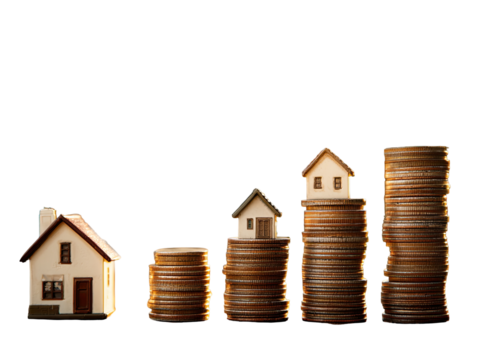 Miniature houses ascending atop stacks of coins, implying rising property costs