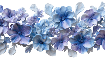 Floral border of sculpted, pastel blue and purple flowers