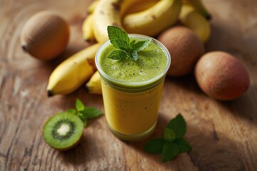 Plastic cup filled with green and yellow smoothie surrounded by fruits on a wooden surface