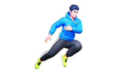Fototapeta premium energetic cartoon man dynamic running pose, athletic jump, fitness concept, 3d render, active lifestyle, isolated on transparent background