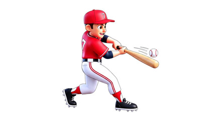 Obraz premium cartoon baseball players epic swing dynamic action pose, red uniform, upcoming hit, isolated on transparent background