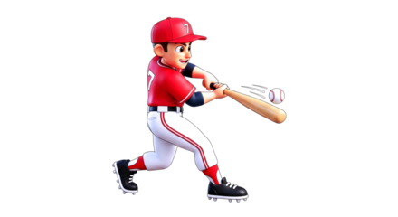 cartoon baseball players epic swing dynamic action pose, red uniform, upcoming hit, isolated on transparent background